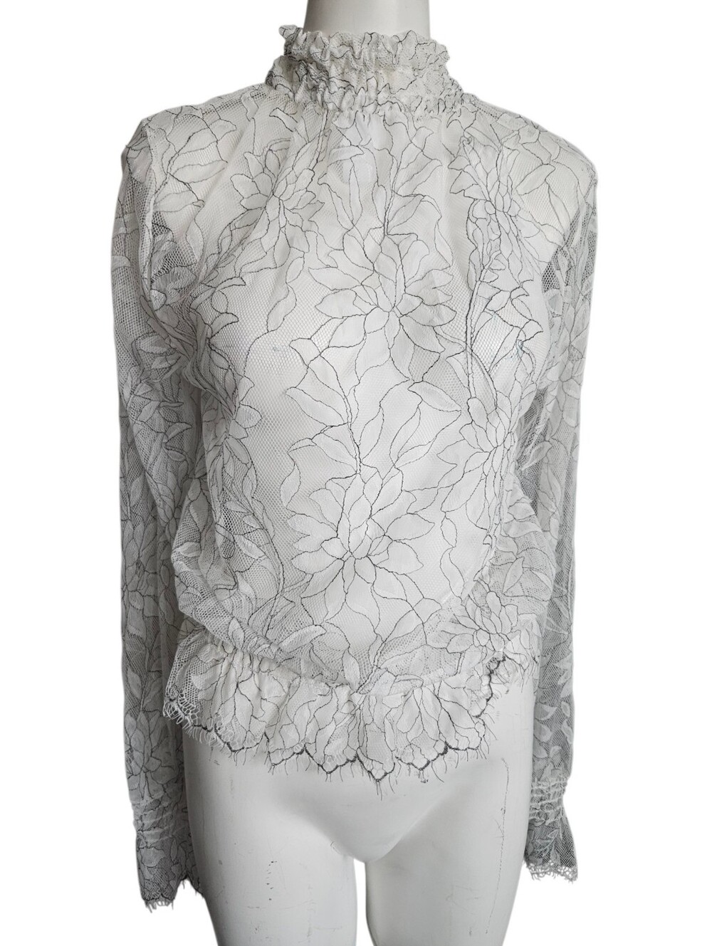 Amadi Lee Lace Blouse Sheer White Floral Design Made In USA Sz Small Victorian